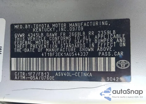 2010 Toyota Camry Le из США, поврежденный, VIN 4T1BF3EK1AU544337